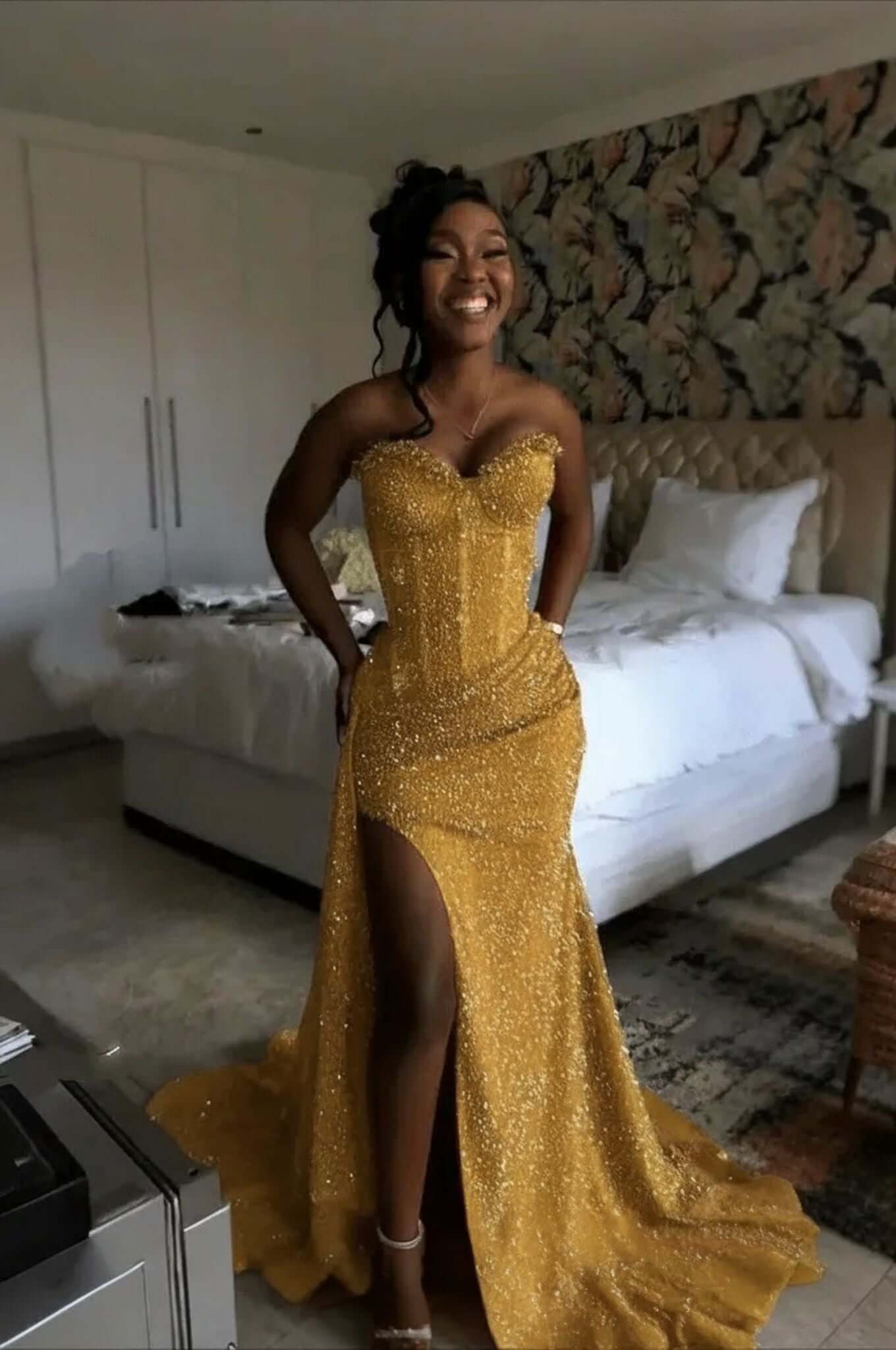 Orange Mermaid Prom Dress Sleeveless Sweetheart Sequined Formal Dress
