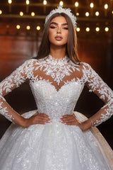 Sweetheart Wedding Dress Lace Ball Gown Sleeves High Neck Beaded Tulle Bridal Gown With Appliques