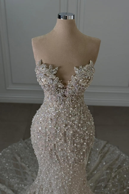 Sweetheart Wedding Dress Mermaid Sleeveless Beaded Lace Bridal Gown