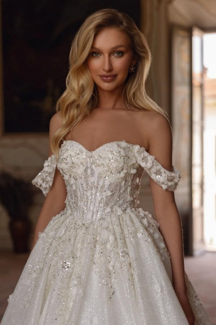 Sweetheart Wedding Dress Off The Shoulder Sequined Lace Ball Gown Bridal Gown with Handmake Flowers