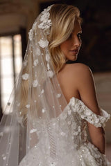 Sweetheart Wedding Dress Off The Shoulder Sequined Lace Ball Gown Bridal Gown with Handmake Flowers