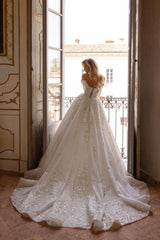 Sweetheart Wedding Dress Off The Shoulder Sequined Lace Ball Gown Bridal Gown with Handmake Flowers
