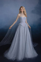 Sweetheart Corset Evening Dress A Line Grey Tulle Prom Dress with Beadings and Rhinestones