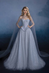 Sweetheart Corset Evening Dress A Line Grey Tulle Prom Dress with Beadings and Rhinestones