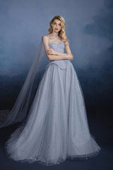 Sweetheart Corset Evening Dress A Line Grey Tulle Prom Dress with Beadings and Rhinestones