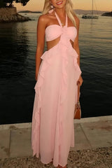 Sweety A Line Halter Neck Pink Long Prom Dress With Keyhole Ruffles Formal Evening Gown