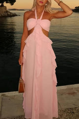 Sweety A Line Halter Neck Pink Long Prom Dress With Keyhole Ruffles Formal Evening Gown