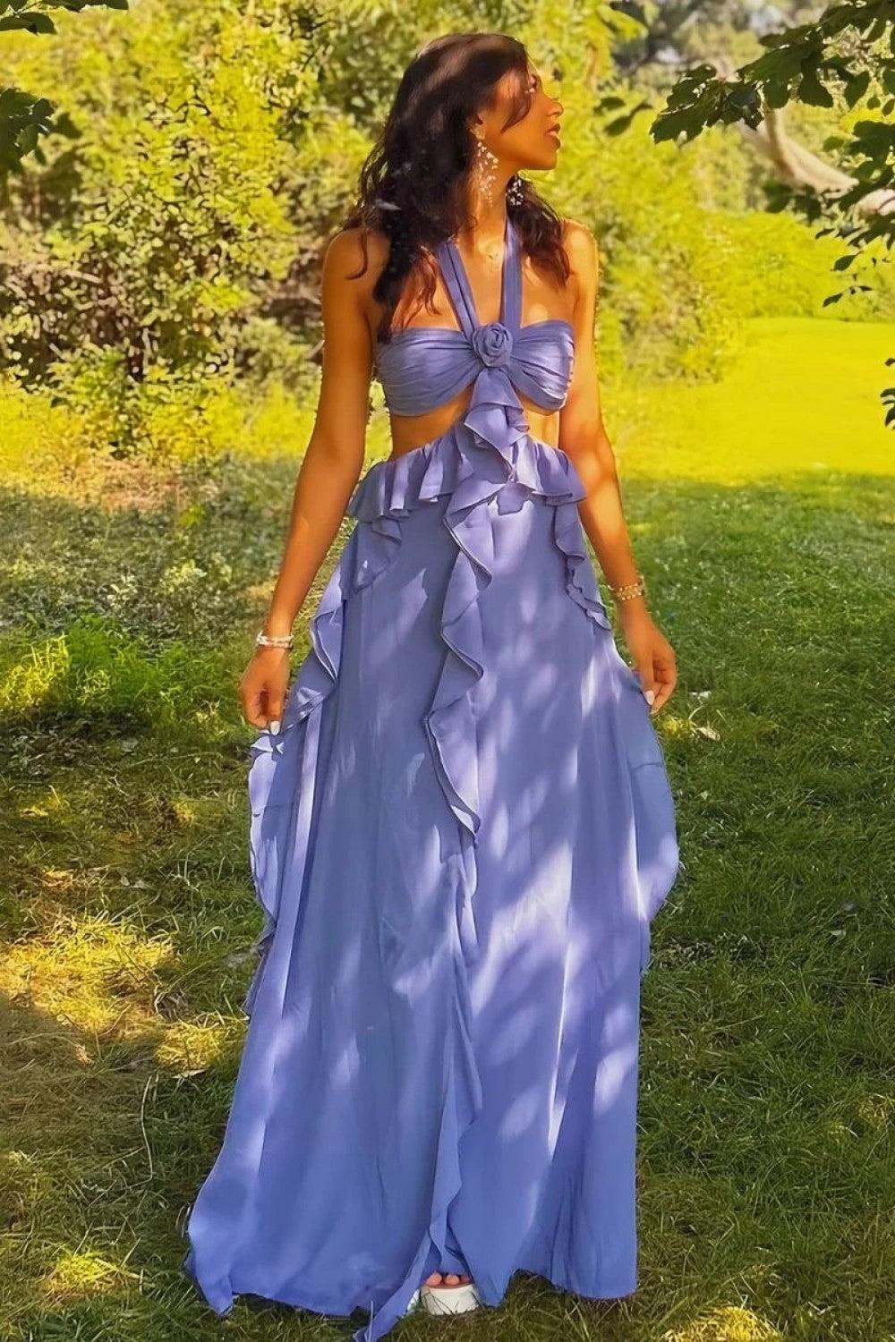 Sweety A Line Halter Neck Pink Long Prom Dress With Keyhole Ruffles Formal Evening Gown