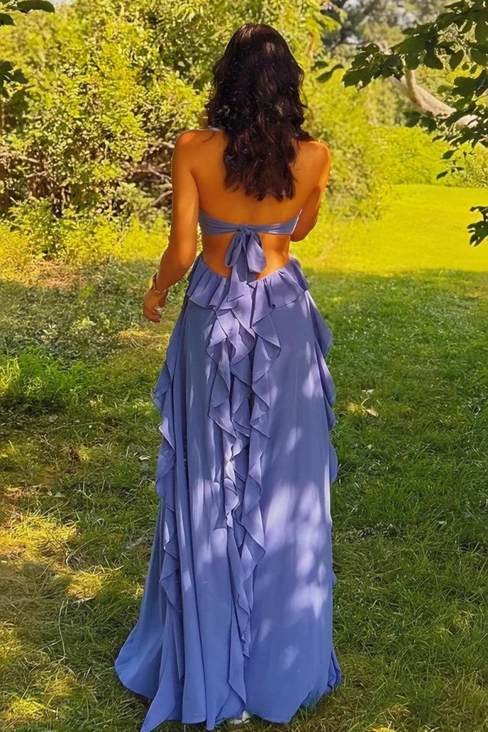 Sweety A Line Halter Neck Pink Long Prom Dress With Keyhole Ruffles Formal Evening Gown