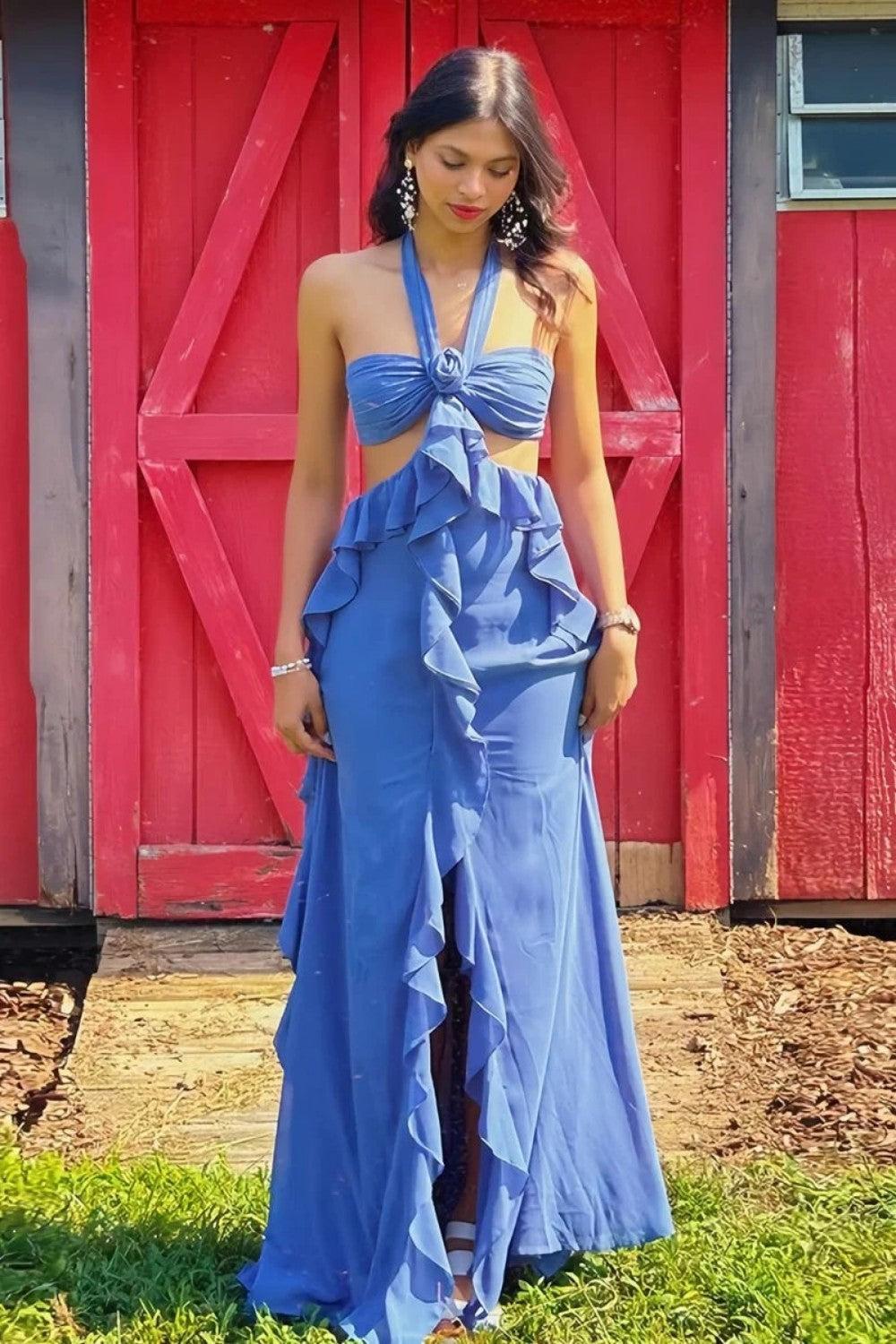 Sweety A Line Halter Neck Pink Long Prom Dress With Keyhole Ruffles Formal Evening Gown