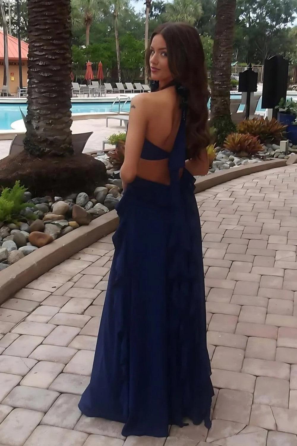 Sweety A Line Halter Neck Pink Long Prom Dress With Keyhole Ruffles Formal Evening Gown