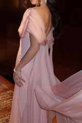 Sweety A Line V Neck Pink Long Prom Dress With Ruffles Formal Evening Gown