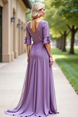Tahiti Long Chiffon Formal Dress With Short Sleeves