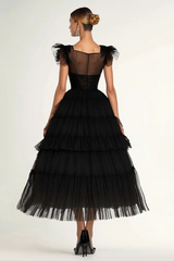 Dreamyannie Tea Length Black Wedding Guest Dress A-Line Flatter Sleeves Tulle Formal Dress With Ruffles