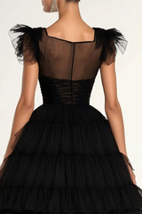 Dreamyannie Tea Length Black Wedding Guest Dress A-Line Flatter Sleeves Tulle Formal Dress With Ruffles