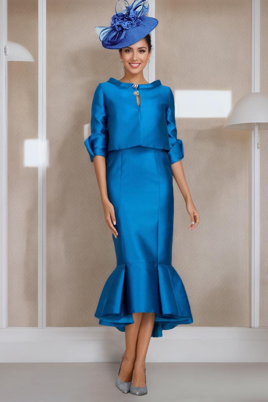 Tea Length Mother of the Bride Dresses with Buttons Jewel Neck and Half Sleeves in Mermaid Trumpet Style