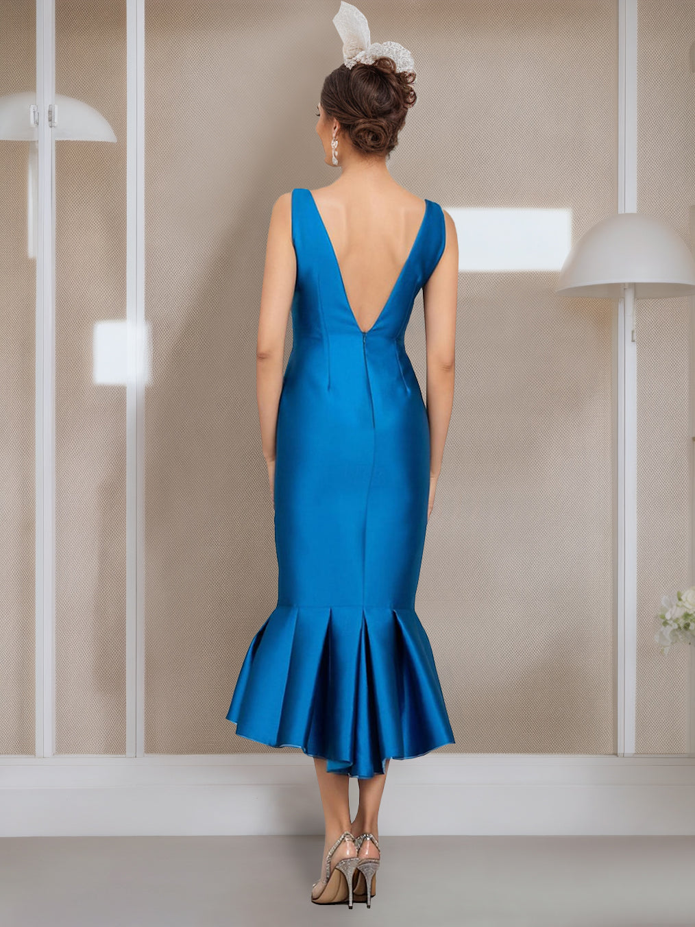 Tea Length Mother of the Bride Dresses with Buttons Jewel Neck and Half Sleeves in Mermaid Trumpet Style