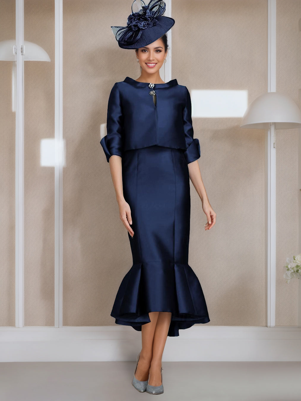 Tea Length Mother of the Bride Dresses with Buttons Jewel Neck and Half Sleeves in Mermaid Trumpet Style