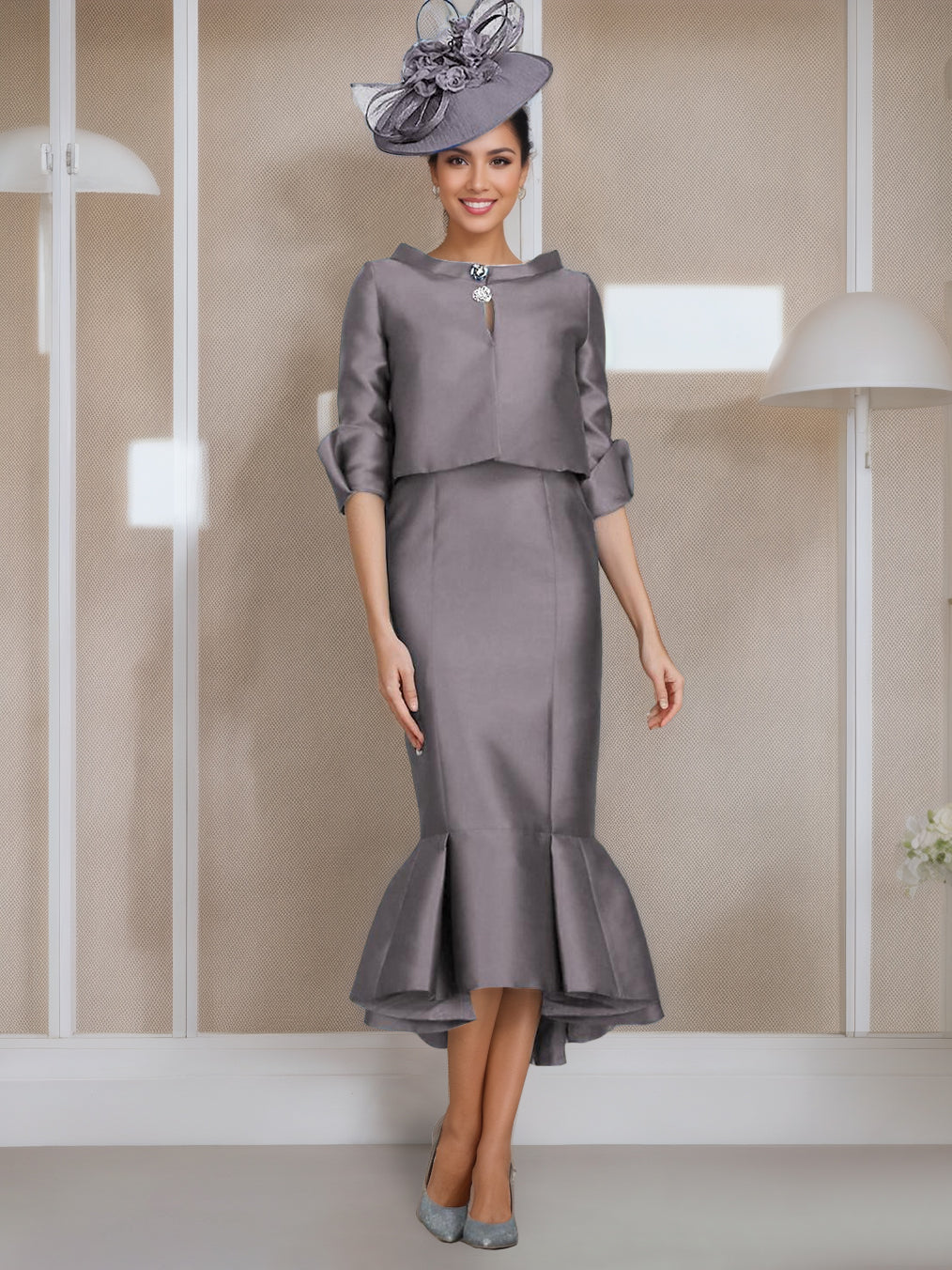 Tea Length Mother of the Bride Dresses with Buttons Jewel Neck and Half Sleeves in Mermaid Trumpet Style