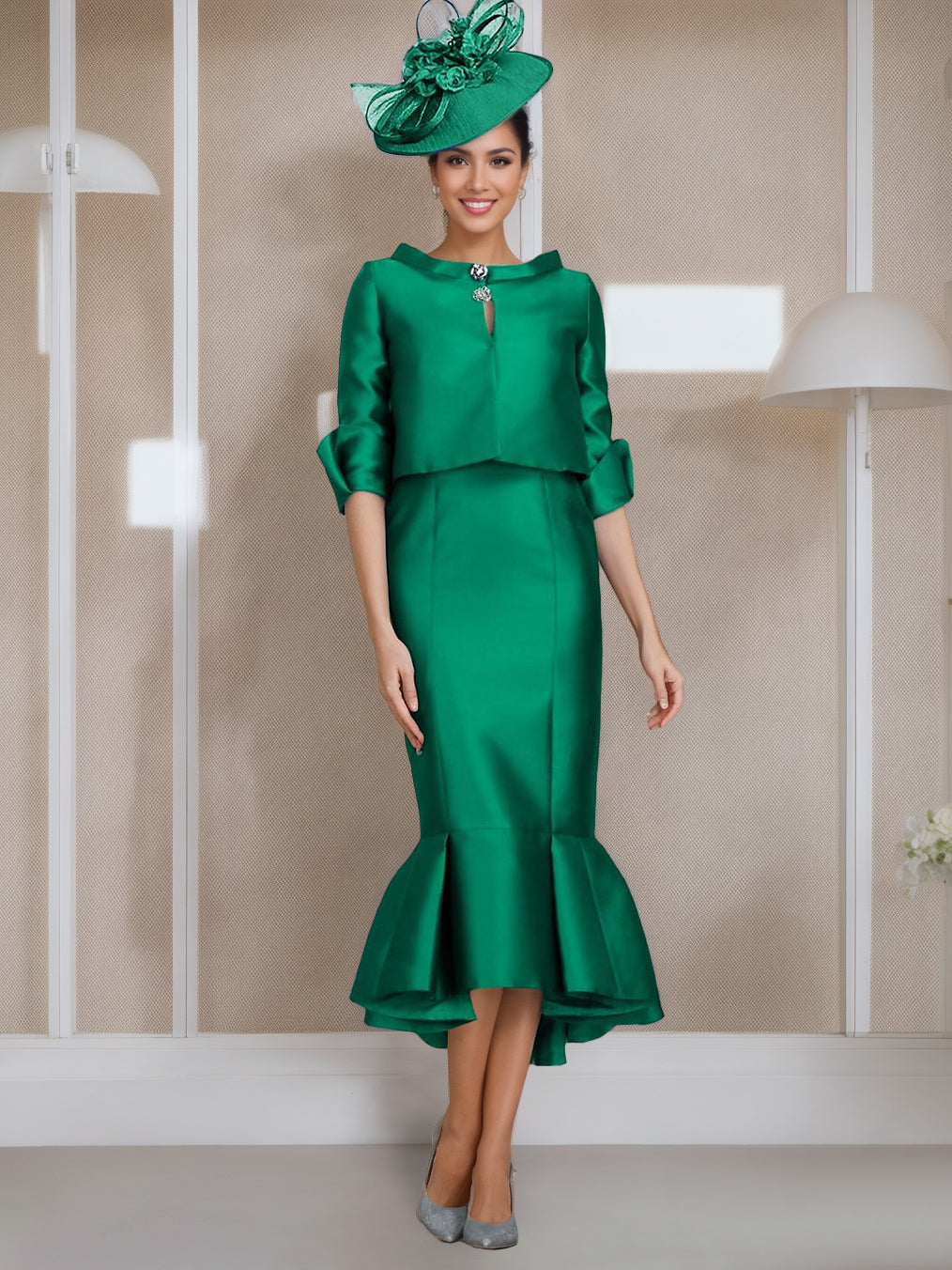 Tea Length Mother of the Bride Dresses with Buttons Jewel Neck and Half Sleeves in Mermaid Trumpet Style