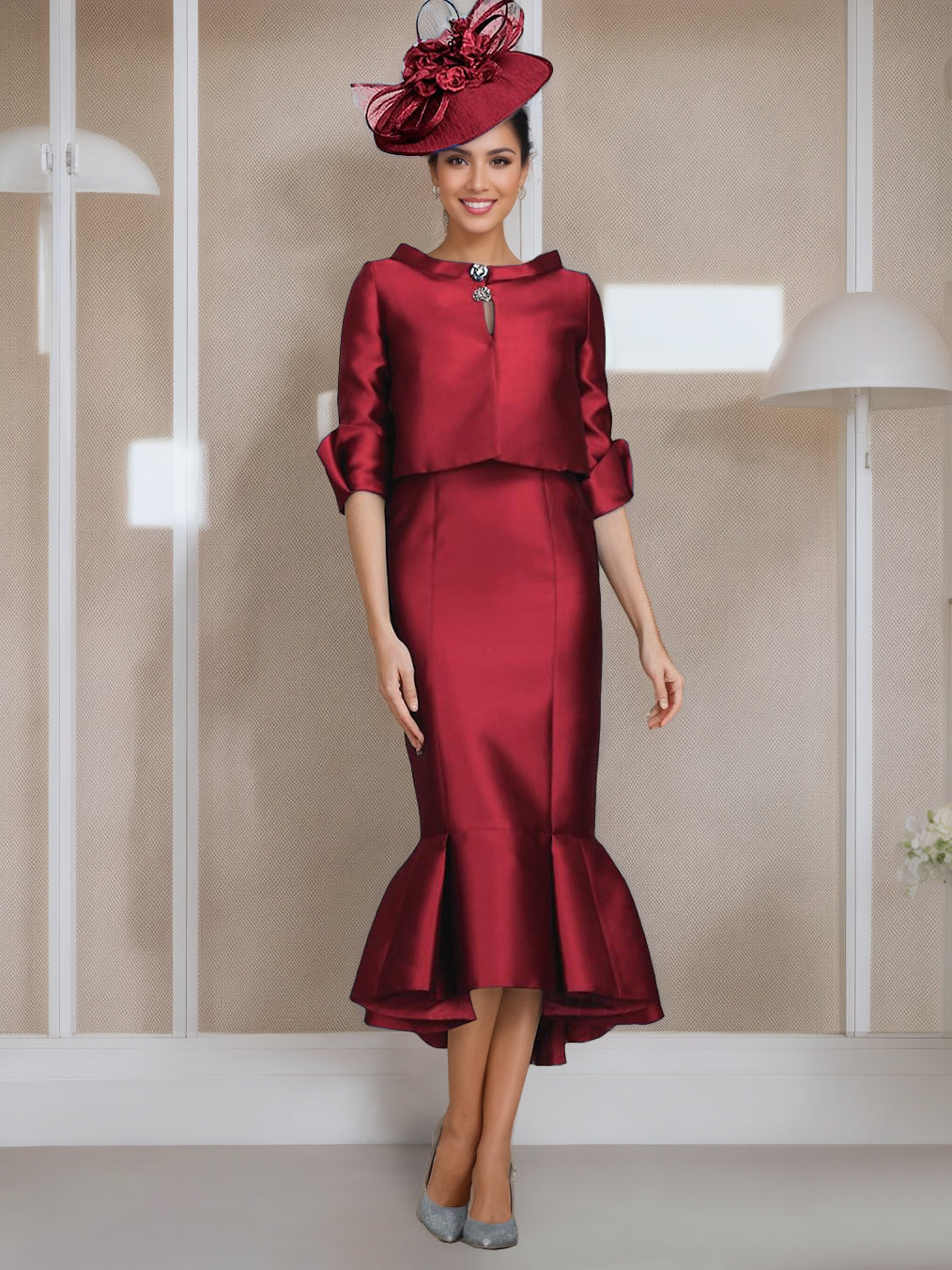Tea Length Mother of the Bride Dresses with Buttons Jewel Neck and Half Sleeves in Mermaid Trumpet Style
