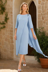 Tea Length Mother of the Bride Dresses with Cape & Jewel Appliques Half Sleeves and Sheath Column Neckline