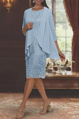 Tea Length Mother of the Bride Sheath Column Jewel Neck Dresses