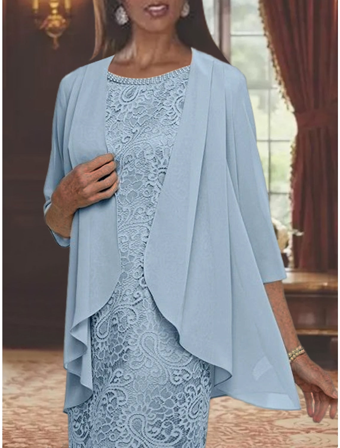 Tea Length Mother of the Bride Sheath Column Jewel Neck Dresses