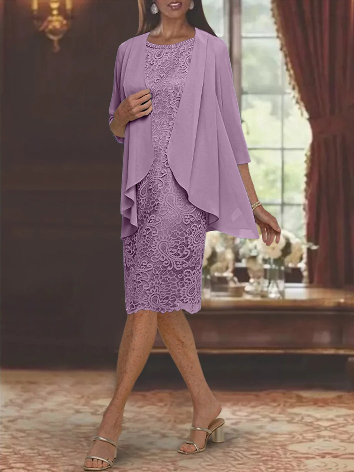 Tea Length Mother of the Bride Sheath Column Jewel Neck Dresses
