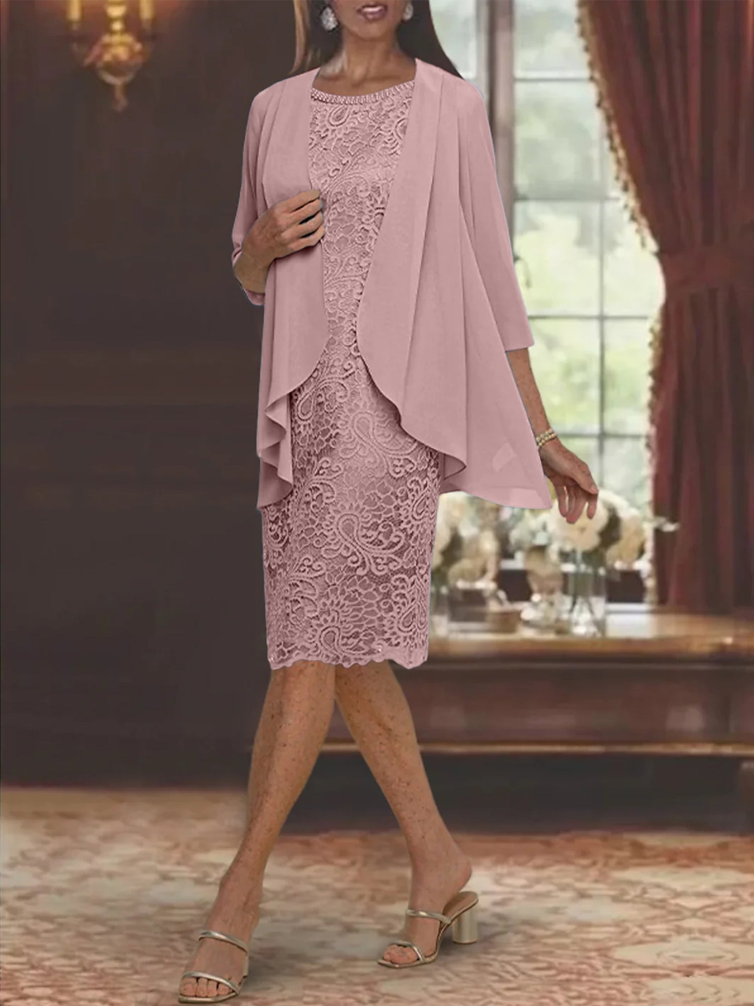 Tea Length Mother of the Bride Sheath Column Jewel Neck Dresses
