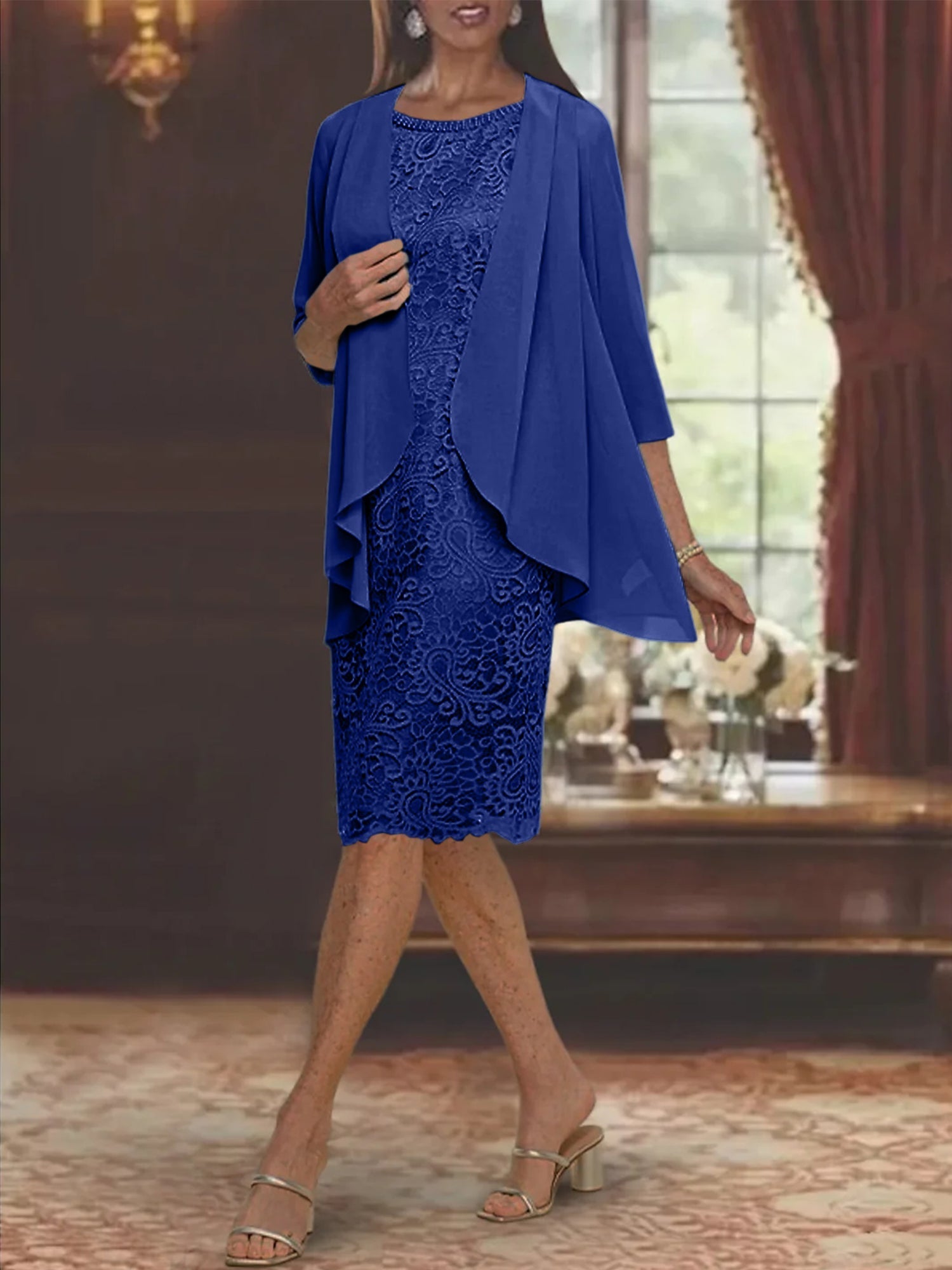 Tea Length Mother of the Bride Sheath Column Jewel Neck Dresses