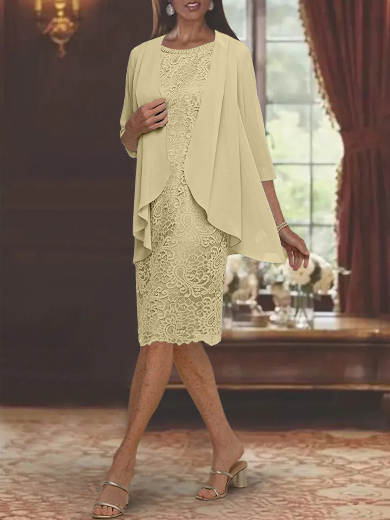 Tea Length Mother of the Bride Sheath Column Jewel Neck Dresses