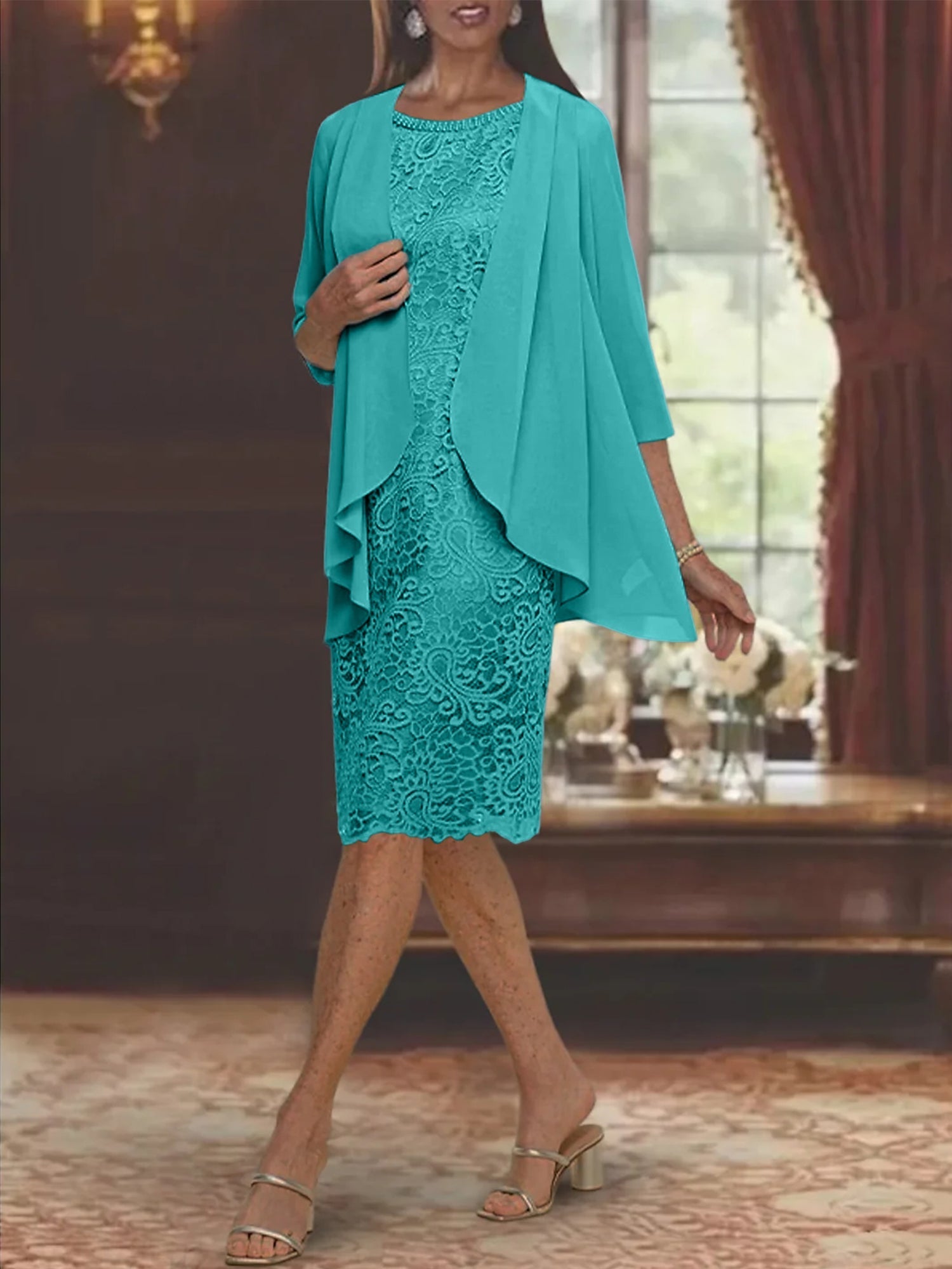 Tea Length Mother of the Bride Sheath Column Jewel Neck Dresses