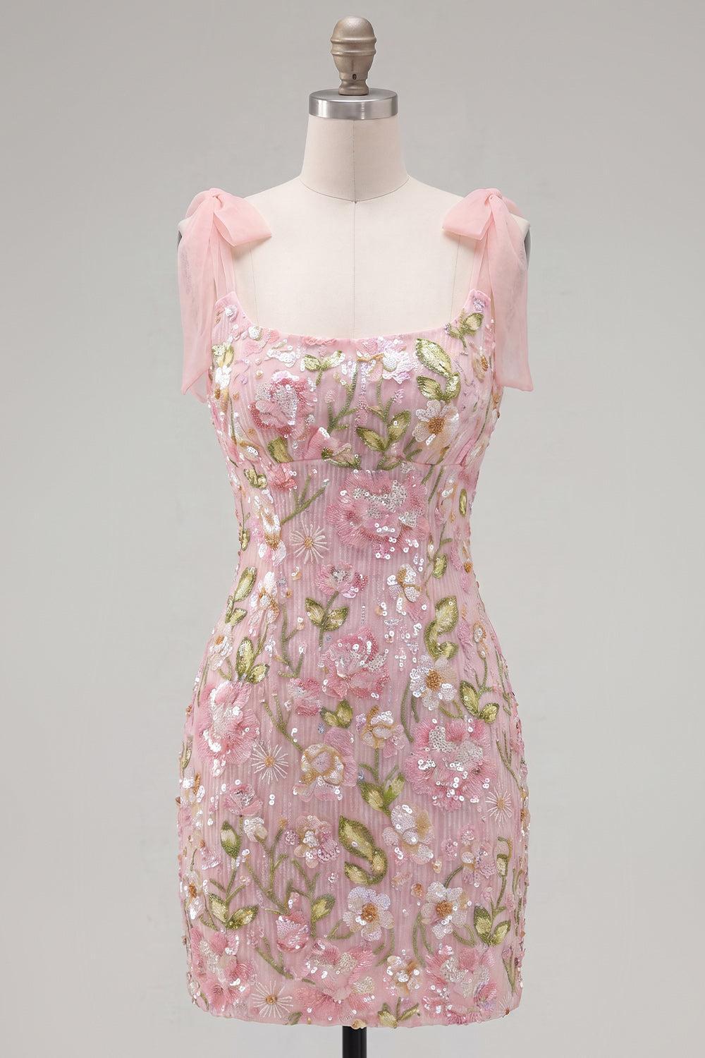 Tight Short Beaded Sparkly Floral Pink Homecoming Dress with Bows