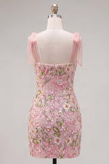 Tight Short Beaded Sparkly Floral Pink Homecoming Dress with Bows