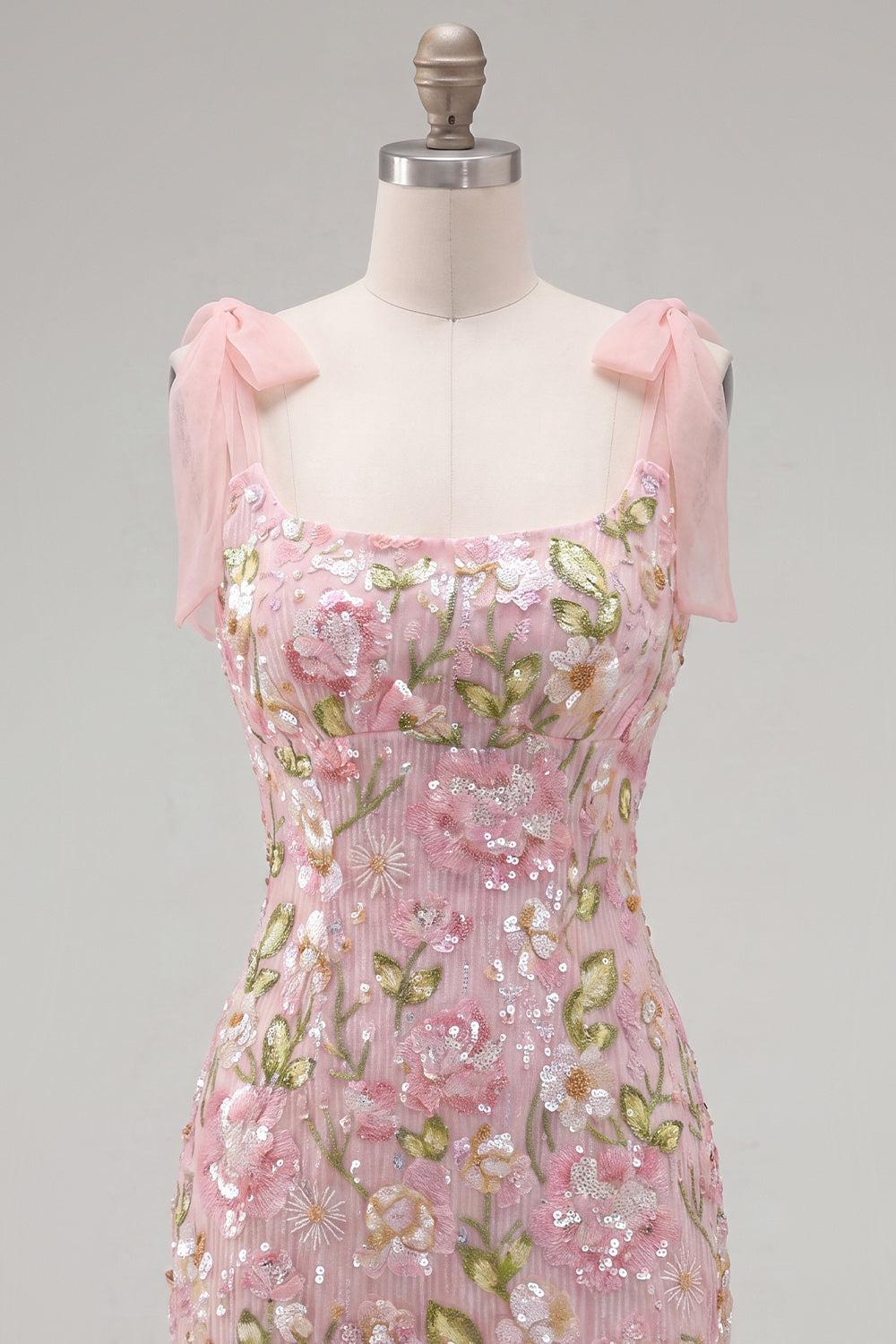 Tight Short Beaded Sparkly Floral Pink Homecoming Dress with Bows