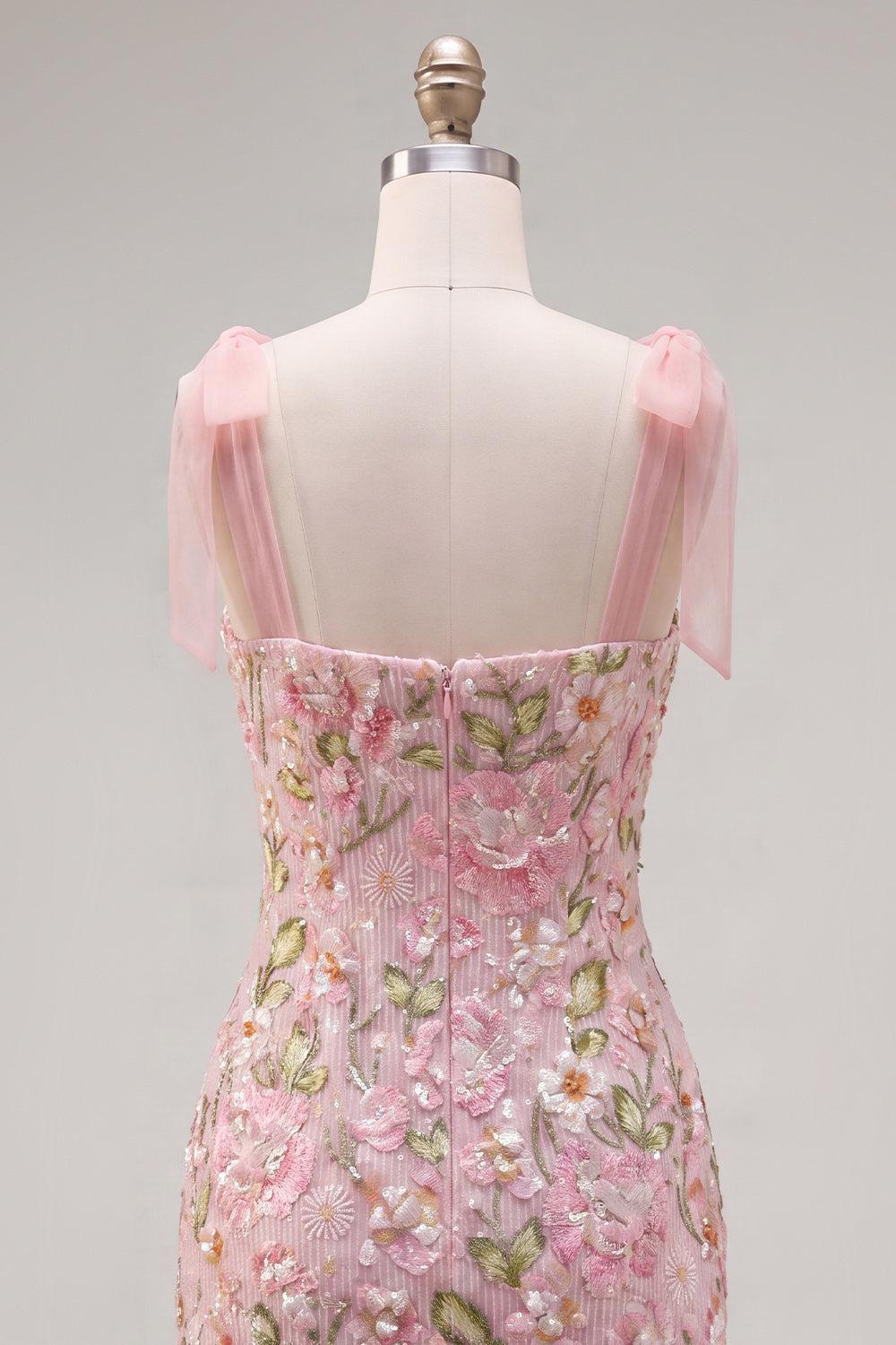 Tight Short Beaded Sparkly Floral Pink Homecoming Dress with Bows