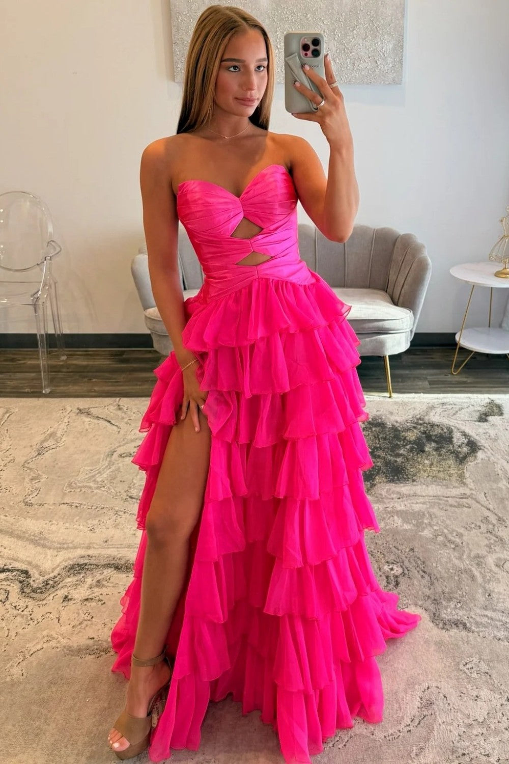 Trendy A Line Sweetheart Hot Pink Long Prom Dress With Ruffles Keyhole Formal Evening Gown