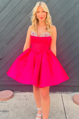 Trendy Fuchsia Homecoming Dress Corset A Line Strapless Short Cocktail Dresses with Beadings