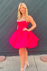 Trendy Fuchsia Homecoming Dress Corset A Line Strapless Short Prom Dress with Beadings
