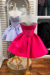 Trendy Fuchsia Homecoming Dress Corset A Line Strapless Short Prom Dress with Beadings