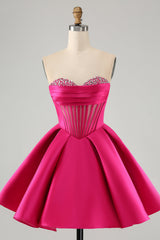 Trendy Fuchsia Homecoming Dress Corset A Line Strapless Short Prom Dress with Beadings