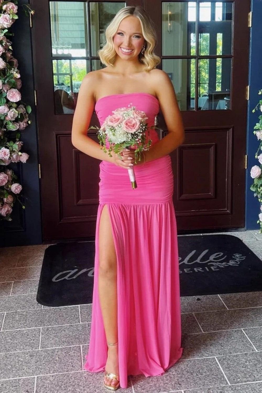 Trendy Mermaid Strapless Hot Pink Long Prom Dress With Split Front Ruffles Formal Evening Gown
