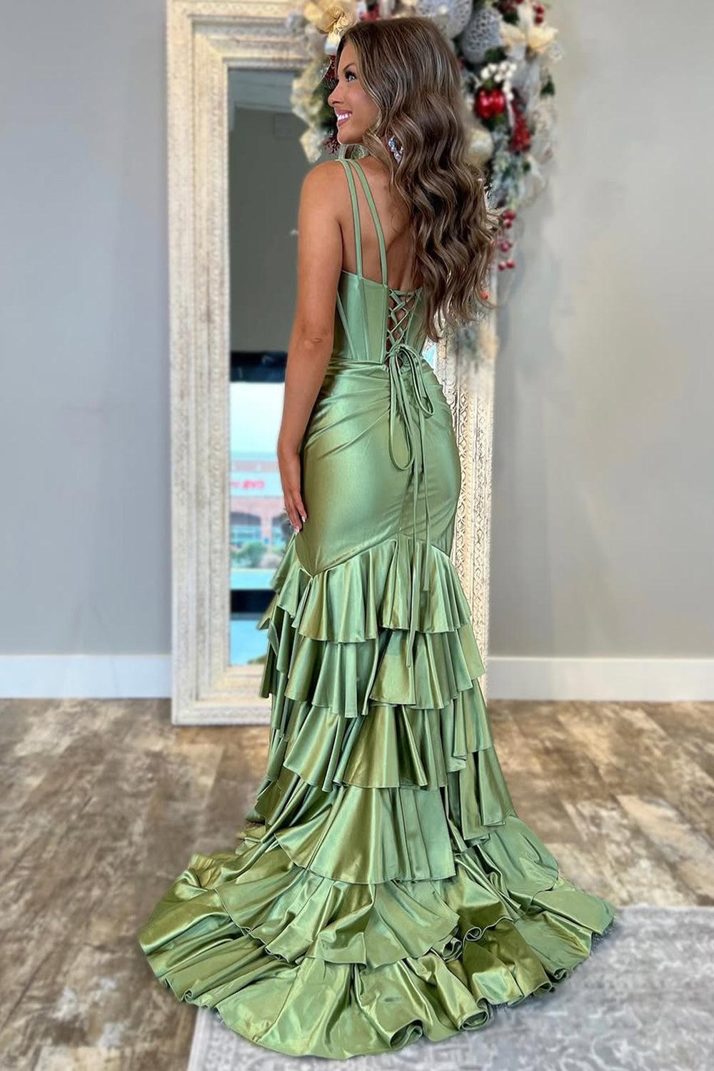 Trendy Mermaid V-Neck Sage Green Long Prom Dress With Ruffles Formal Evening Gown