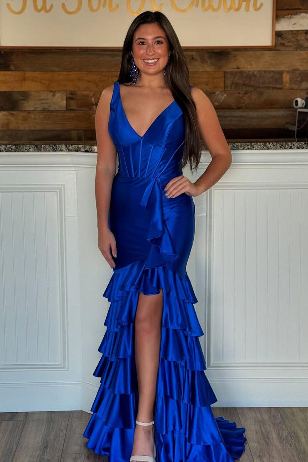 Trendy Mermaid V-Neck Sage Green Long Prom Dress With Ruffles Formal Evening Gown