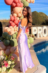 Trendy Sheath Off The Shoulder Lilac Prom Dress With Ruched Formal Evening Gown