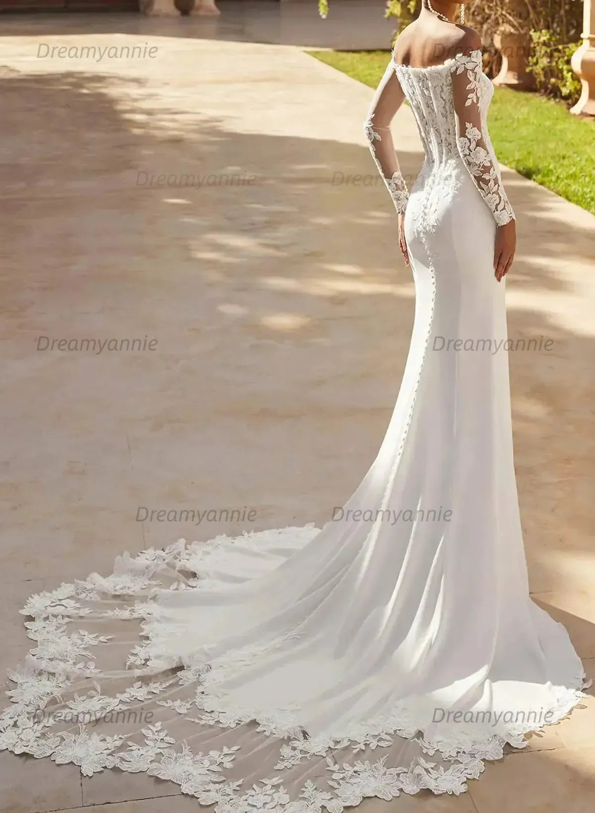 Trumpet Mermaid Off the Shoulder Long Sleeves Chapel Train Lace Satin Wedding Dress with Appliques