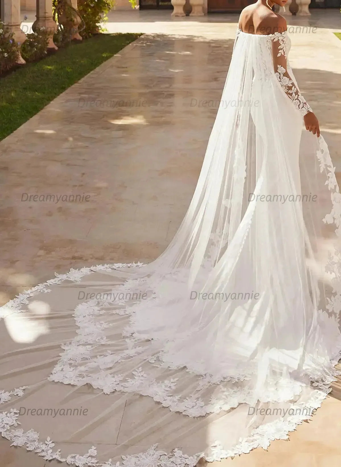 Trumpet Mermaid Off the Shoulder Long Sleeves Chapel Train Lace Satin Wedding Dress with Appliques