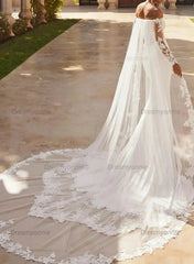 Trumpet Mermaid Off the Shoulder Long Sleeves Chapel Train Lace Satin Wedding Dress with Appliques