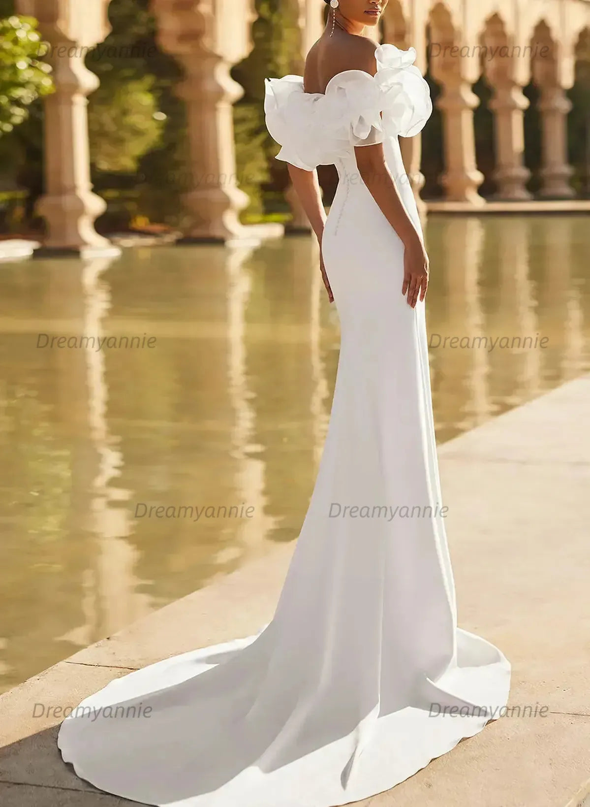 Trumpet Mermaid Off the Shoulder Short Sleeves Chapel Train Elastic Satin Wedding Dress